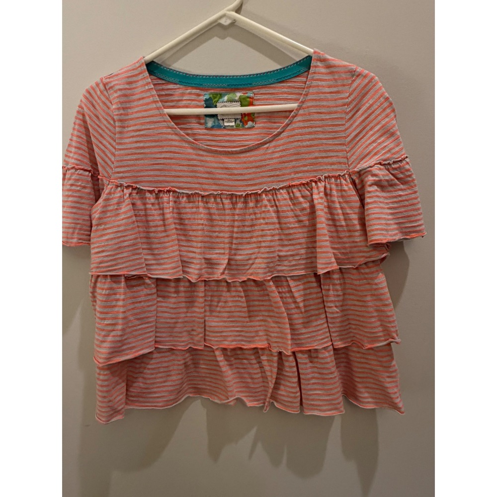 Anthropologie Postmark Coral Grey Striped Tiered Ruffle Short Sleeve Top Medium